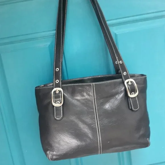 Pebbled Leather Purse Shoulder Bag Genuine Black Leather Adjustable Straps - Picture 2 of 16